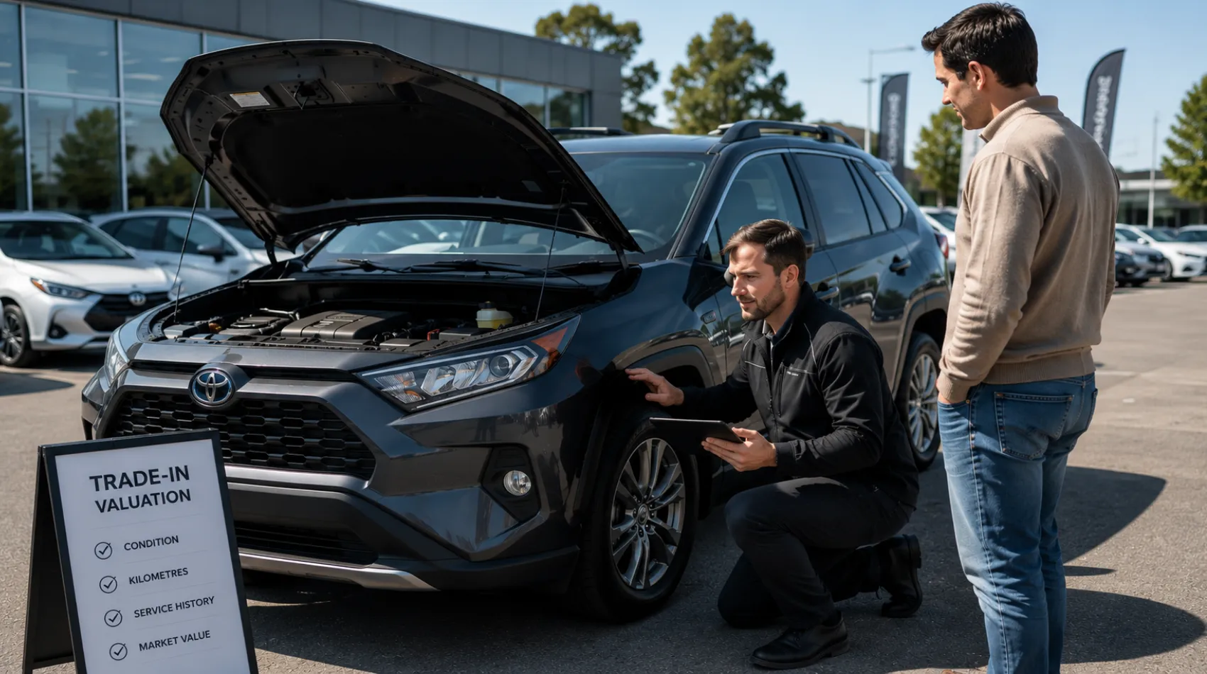 JMG Used Cars appraising a customer trade-in vehicle