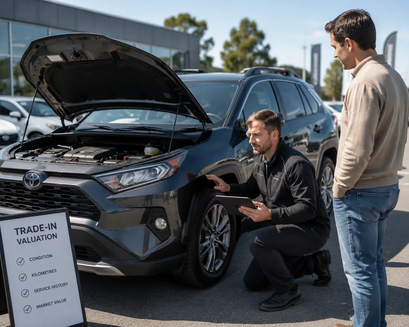 JMG Used Cars appraising a customer trade-in vehicle